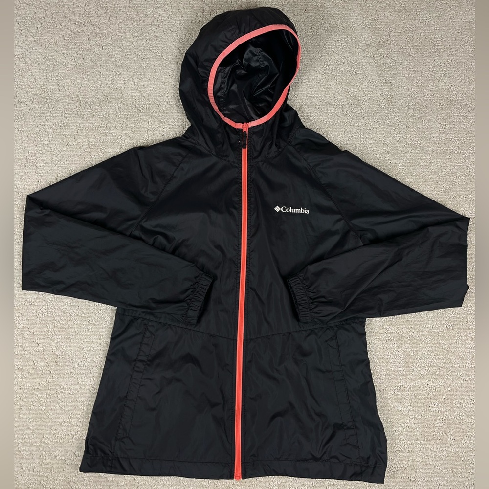 Columbia Jacket Women’s XS Hooded Full Zip Black 100% Polyester “Thin Layer”